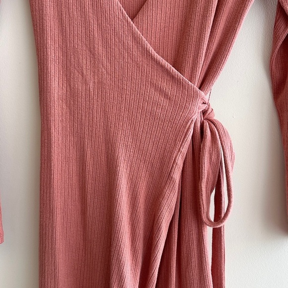 Urban Outfitters Ribbed Wrap Long Sleeve Dress, Dusty Rose, Size Medium - Picture 3 of 16